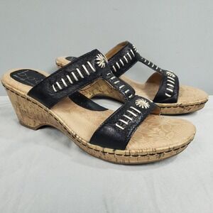 Born Boc Sandals Women Size 9 Black Silver Leather Cork Heel Strappy Slip-on